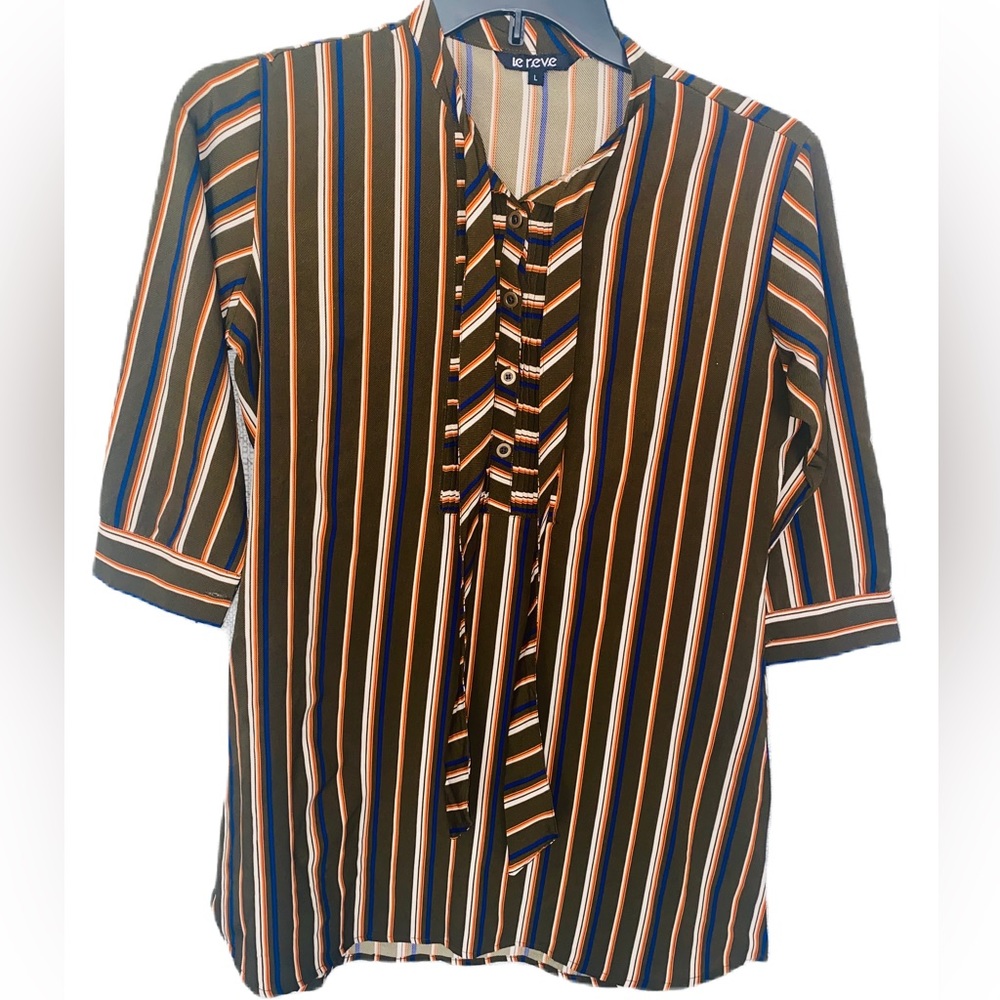 Le Reve Multi Color Striped Blouse Bell Sleeves Tunic Women's Size Large